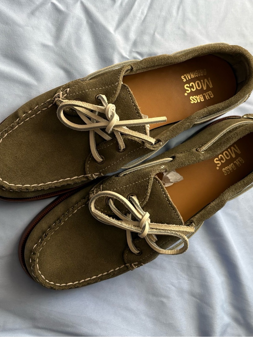 G.H. Bass & Co. Olive Suede Moccasin Boat Shoes with Cream Laces
